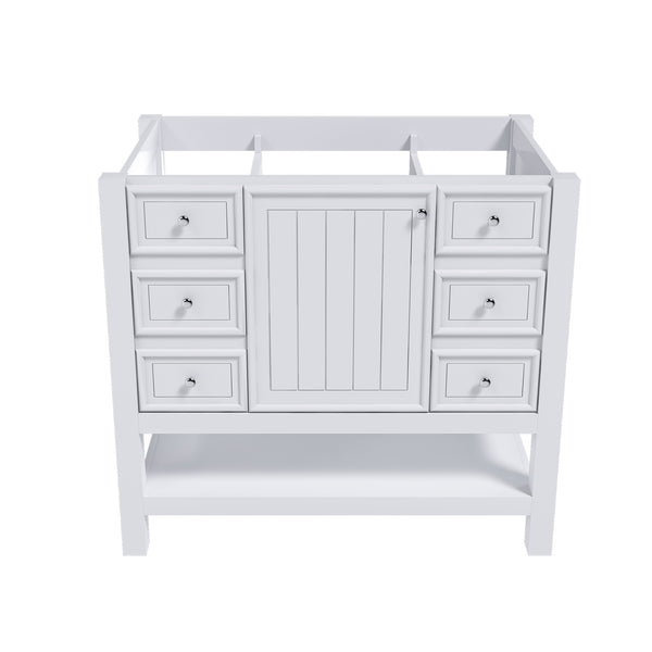 English Elm 36-inch white bathroom vanity without sink — solid wood frame, 1 cabinet, 3 drawers, quiet hardware, shelf W509P347341