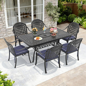 English Elm 7-piece Cast Aluminum Outdoor Dining Set with Carved Petal Motifs and Weather Cushions W1710S00591