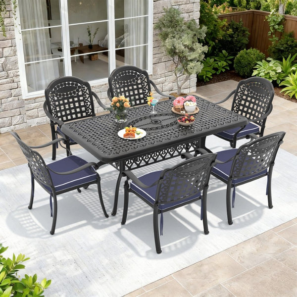 English Elm 7-piece Cast Aluminum Outdoor Dining Set with Carved Petal Motifs and Weather Cushions W1710S00591