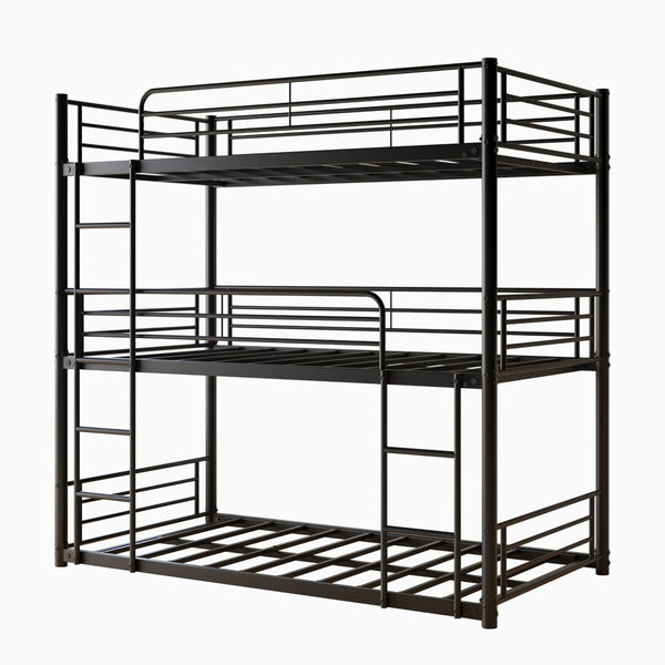 English Elm Triple Twin Metal Bunk Bed with Dual Ladders and Guardrails for Shared Rooms W840S00004