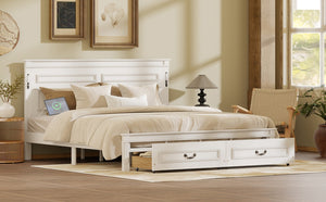 English Elm King Pine Wood Storage Bed with Led Lighting Usb Charging Tall Panel Headboard White W504S00269