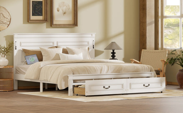 English Elm King Pine Wood Storage Bed with Led Lighting Usb Charging Tall Panel Headboard White W504S00269