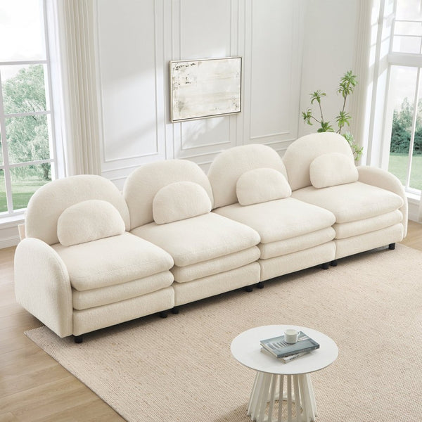 English Elm Teddy Fleece Modular Cloud Sofa Four Seat Curved Sculptural Design for Modern Living Rooms Beige White W5656S00085