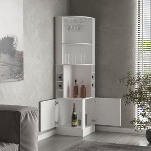 English Elm Corner Bar Cabinet with Ten Built-In Wine Slots, Cup Rack & Spacious Top Shelf for Entertaining White 46.46 L x 23.23 W x 3.15 H B097S00193