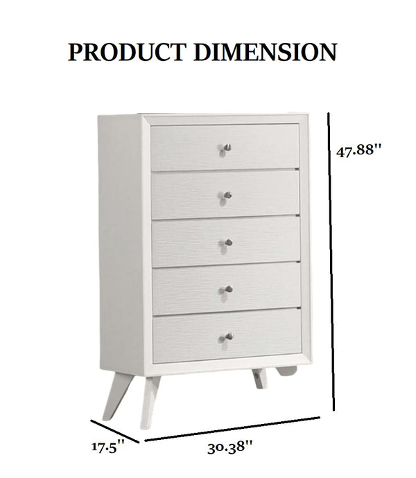 English Elm Contemporary Chic Five-Drawer Chest with Chrome Legs, High-Gloss Coating, Smooth Modern Design White 33 L x 20 W x 44 H B2741P369375