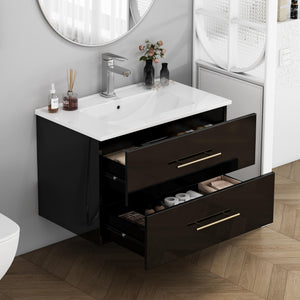 English Elm 30-Inch Sleek Black Gloss Wall-Mounted Bathroom Vanity With Integrated Sink & Easy Installation Options W3151S00054