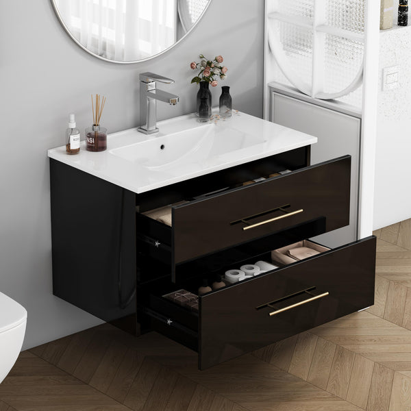 English Elm 30-Inch Sleek Black Gloss Wall-Mounted Bathroom Vanity With Integrated Sink & Easy Installation Options W3151S00054