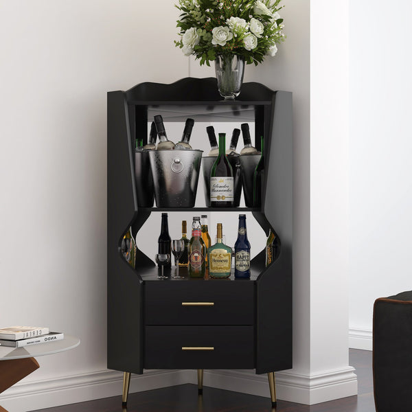 English Elm Wooden Corner Bar Cabinet with Mirrored Back, High Legs, 2 Shelves & 2 Drawers for Stylish Storage Black W2899P374344