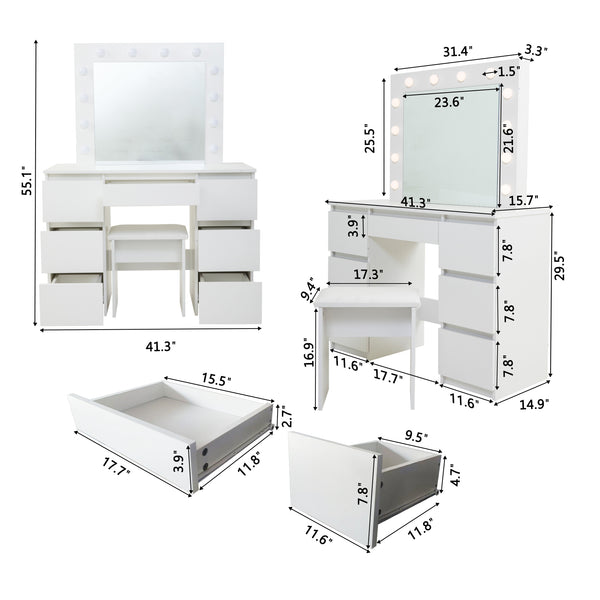 English Elm Large White Vanity Table with Mirror & Lights, 4 Deep Drawers, Durable E1 Particleboard, Matte Finish W2139P179891
