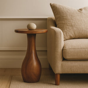 English Elm Artisan Handcrafted Mango Wood Sculptural Side Table with Curved Base Amber Oak Finish B182P441495