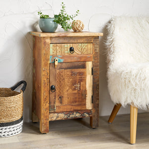 English Elm Christopher Knight Home® - CARVED Recycled Wood Side Table in Natural Finish with Distressed Paint, Drawer & Cabinet Storage 66416.00