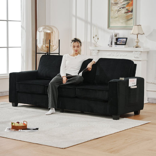 English Elm 84.25-inch Corduroy Three Seater Sofa with Cup Holders Modern Minimalist Living Room Couch Black W288P399981