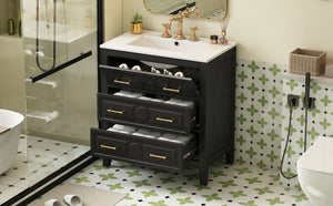 English Elm 30'' Bathroom Vanity with Ceramic Sink, Solid Wood Frame Retro Style Vanity with 3 Drawers & Gold Handles Black N710P246209B