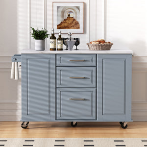 English Elm K&K Vintage Convex Kitchen Island Cart with Faux Marble Top, Tilt Trash, Pull-Out Organizer, Wheels Grey+Blue N707P299008G