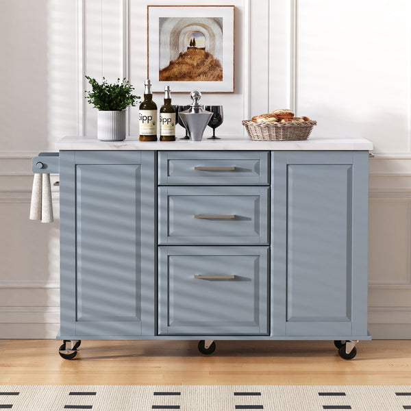 English Elm K&K Vintage Convex Kitchen Island Cart with Faux Marble Top, Tilt Trash, Pull-Out Organizer, Wheels Grey+Blue N707P299008G