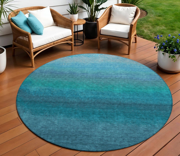 HomeRoots 5' Teal Blue Ombre Area Rug – Stylish, Washable Design for Indoor & Outdoor Spaces, Durable & Soft 8' Round 629054