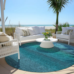 HomeRoots 5' Teal Blue Ombre Area Rug – Stylish, Washable Design for Indoor & Outdoor Spaces, Durable & Soft 8' Round 629054