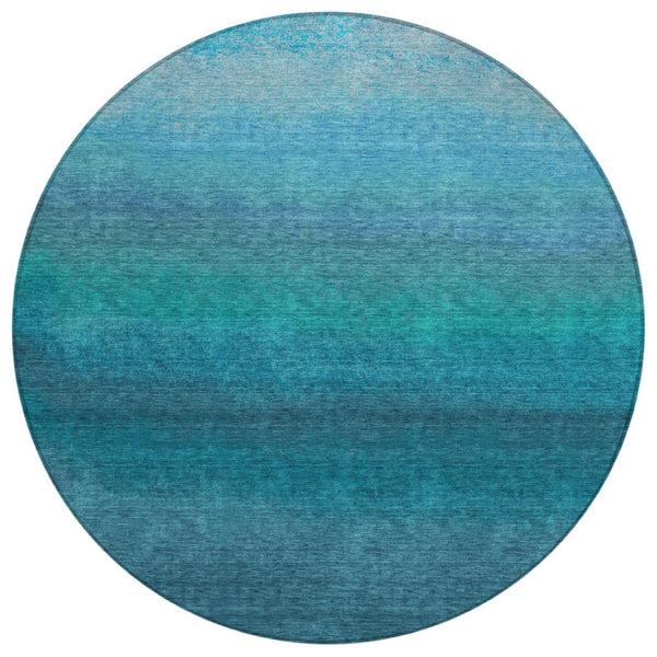 HomeRoots 5' Teal Blue Ombre Area Rug – Stylish, Washable Design for Indoor & Outdoor Spaces, Durable & Soft 8' Round 629054