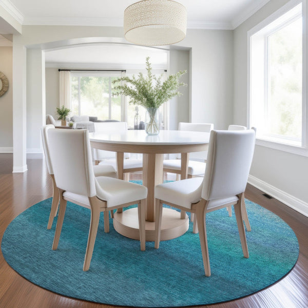 HomeRoots 5' Teal Blue Ombre Area Rug – Stylish, Washable Design for Indoor & Outdoor Spaces, Durable & Soft 8' Round 629054