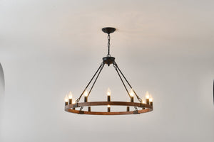 English Elm 31.5 Inch Wagon Wheel Chandelier Wood Matte Black 12-light Farmhouse Pendant Fixture W5008P464752