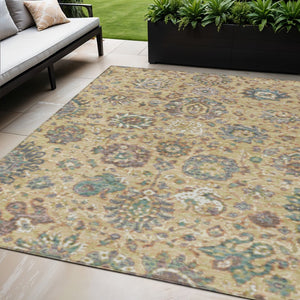 HomeRoots 5' Luxurious Gold Beige and Pale Aqua Floral Area Rug – Durable, Washable for Indoor and Outdoor Use 5' X 8' 629071