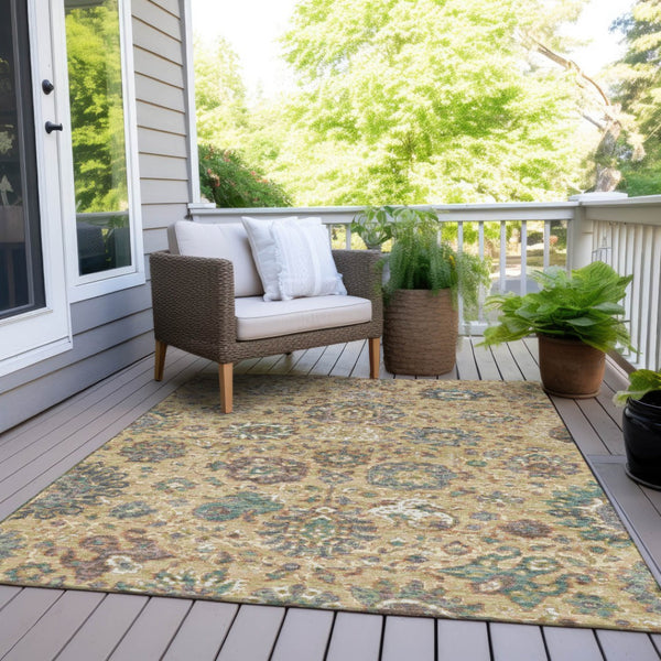 HomeRoots 5' Luxurious Gold Beige and Pale Aqua Floral Area Rug – Durable, Washable for Indoor and Outdoor Use 5' X 8' 629071