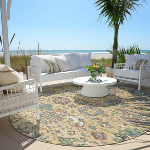HomeRoots 5' Luxurious Gold Beige and Pale Aqua Floral Area Rug – Durable, Washable for Indoor and Outdoor Use 8' Round 629072
