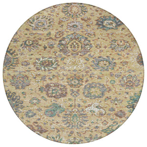HomeRoots 5' Luxurious Gold Beige and Pale Aqua Floral Area Rug – Durable, Washable for Indoor and Outdoor Use 8' Round 629072