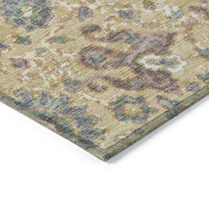 HomeRoots 5' Luxurious Gold Beige and Pale Aqua Floral Area Rug – Durable, Washable for Indoor and Outdoor Use 8' Round 629072
