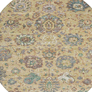 HomeRoots 5' Luxurious Gold Beige and Pale Aqua Floral Area Rug – Durable, Washable for Indoor and Outdoor Use 8' Round 629072
