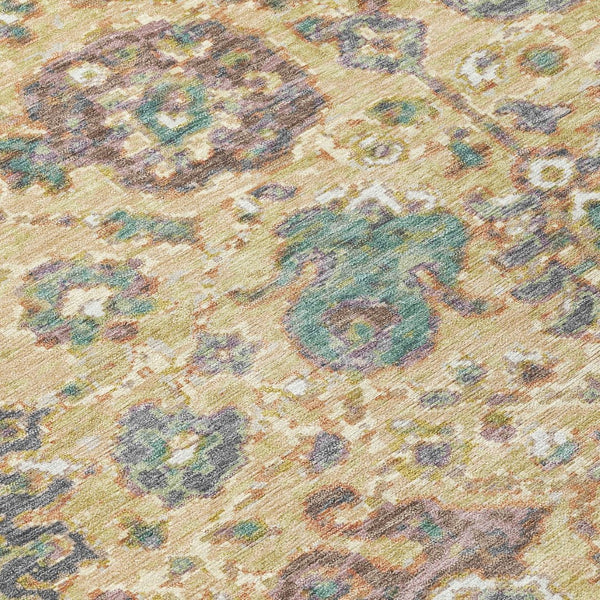 HomeRoots 5' Luxurious Gold Beige and Pale Aqua Floral Area Rug – Durable, Washable for Indoor and Outdoor Use 8' Round 629072