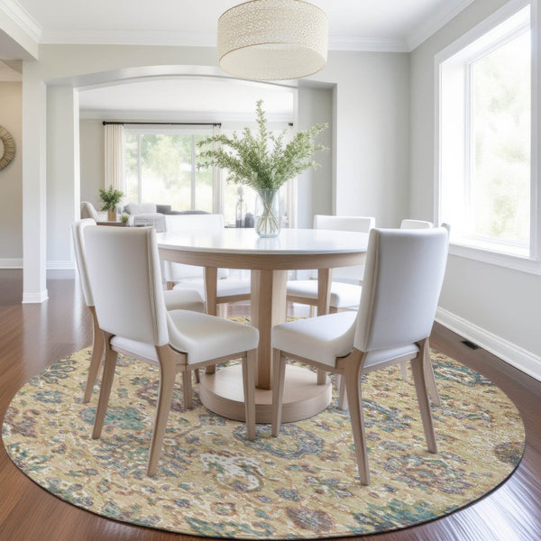 HomeRoots 5' Luxurious Gold Beige and Pale Aqua Floral Area Rug – Durable, Washable for Indoor and Outdoor Use 8' Round 629072