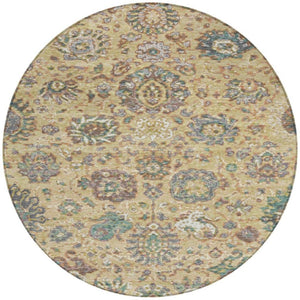 HomeRoots 5' Luxurious Gold Beige and Pale Aqua Floral Area Rug – Durable, Washable for Indoor and Outdoor Use 8' Round 629072