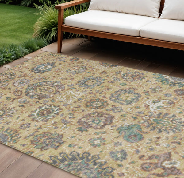 HomeRoots 5' Luxurious Gold Beige and Pale Aqua Floral Area Rug – Durable, Washable for Indoor and Outdoor Use 8' X 10' 629073
