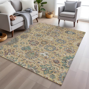 HomeRoots 5' Luxurious Gold Beige and Pale Aqua Floral Area Rug – Durable, Washable for Indoor and Outdoor Use 8' X 10' 629073