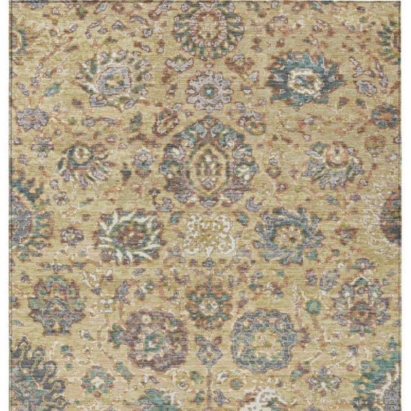 HomeRoots 5' Luxurious Gold Beige and Pale Aqua Floral Area Rug – Durable, Washable for Indoor and Outdoor Use 9' X 12' 629074