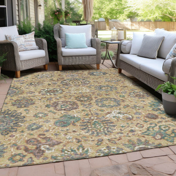 HomeRoots 5' Luxurious Gold Beige and Pale Aqua Floral Area Rug – Durable, Washable for Indoor and Outdoor Use 9' X 12' 629074