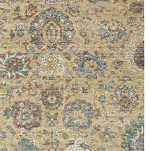 HomeRoots 5' Luxurious Gold Beige and Pale Aqua Floral Area Rug – Durable, Washable for Indoor and Outdoor Use 9' X 12' 629074