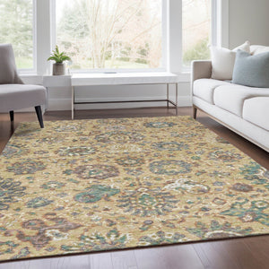 HomeRoots 5' Luxurious Gold Beige and Pale Aqua Floral Area Rug – Durable, Washable for Indoor and Outdoor Use 9' X 12' 629074