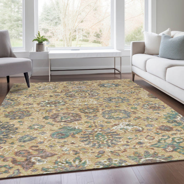 HomeRoots 5' Luxurious Gold Beige and Pale Aqua Floral Area Rug – Durable, Washable for Indoor and Outdoor Use 9' X 12' 629074