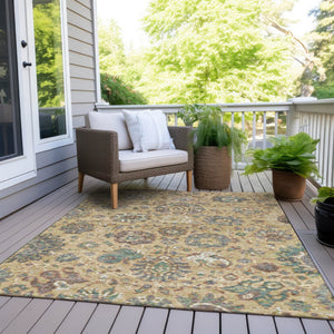 HomeRoots 5' Luxurious Gold Beige and Pale Aqua Floral Area Rug – Durable, Washable for Indoor and Outdoor Use 10' X 14' 629075