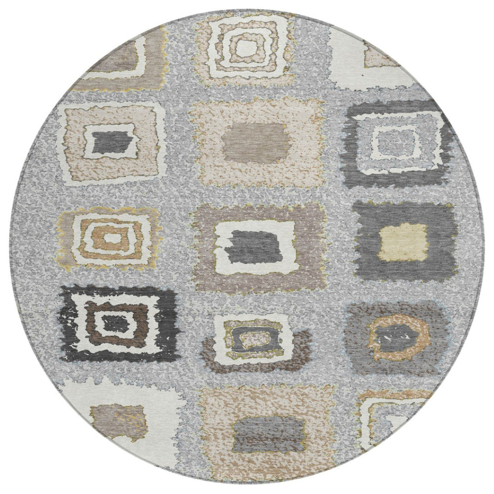 HomeRoots 5' Stylish Gray Charcoal and Beige Geometric Area Rug – Durable, Washable for Indoor & Outdoor Use 8' Round 629090
