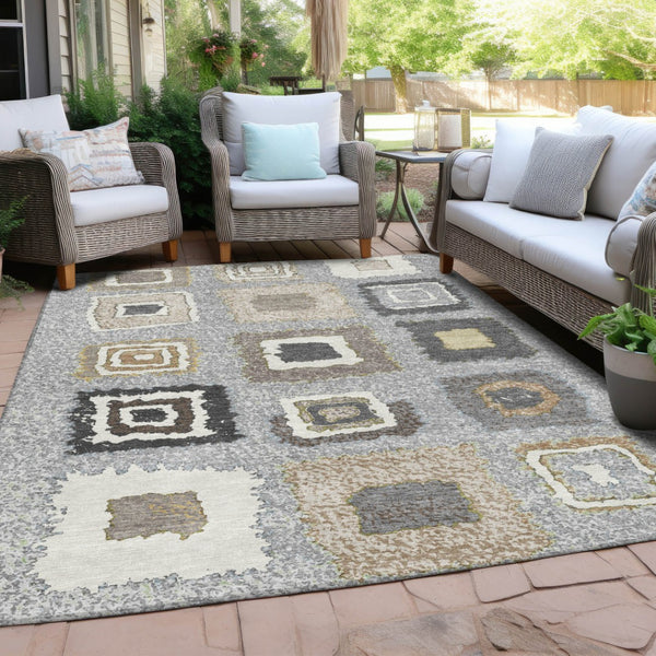 HomeRoots 5' Stylish Gray Charcoal and Beige Geometric Area Rug – Durable, Washable for Indoor & Outdoor Use 8' X 10' 629091