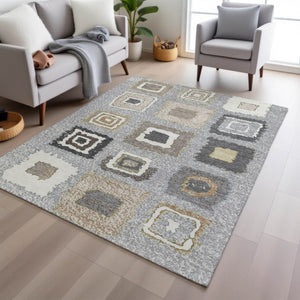 HomeRoots 5' Stylish Gray Charcoal and Beige Geometric Area Rug – Durable, Washable for Indoor & Outdoor Use 8' X 10' 629091