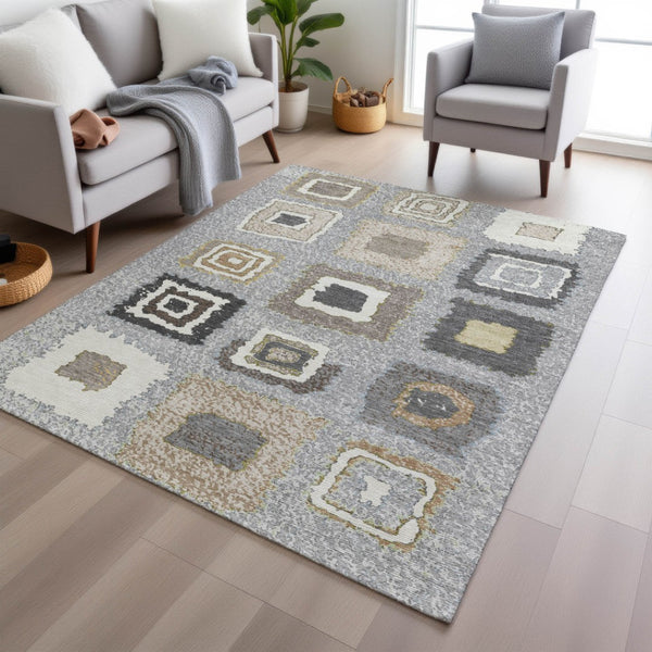HomeRoots 5' Stylish Gray Charcoal and Beige Geometric Area Rug – Durable, Washable for Indoor & Outdoor Use 10' X 14' 629093