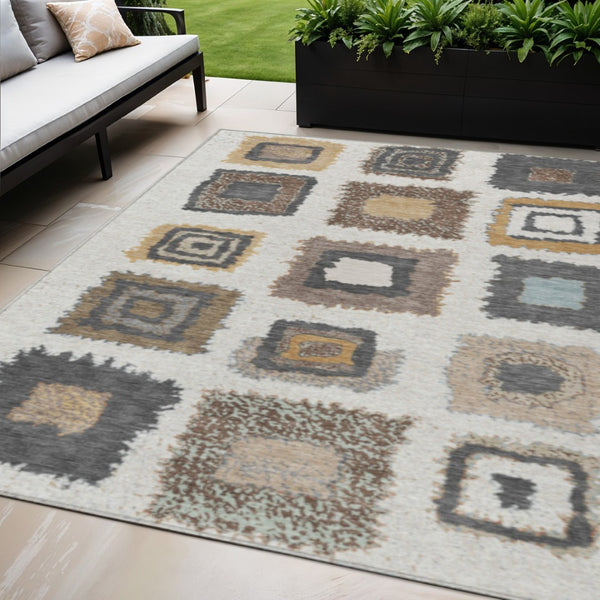 HomeRoots 5' Modern Geometric Indoor Outdoor Area Rug in Ivory Charcoal and Gold - Washable & Durable Design 5' X 8' 629095