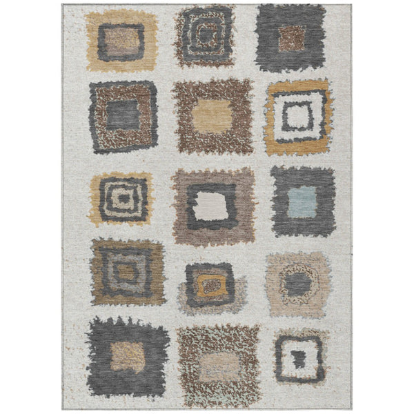 HomeRoots 5' Modern Geometric Indoor Outdoor Area Rug in Ivory Charcoal and Gold - Washable & Durable Design 5' X 8' 629095