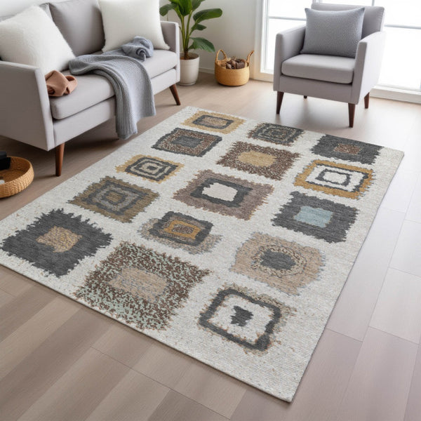 HomeRoots 5' Modern Geometric Indoor Outdoor Area Rug in Ivory Charcoal and Gold - Washable & Durable Design 5' X 8' 629095