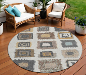 HomeRoots 5' Modern Geometric Indoor Outdoor Area Rug in Ivory Charcoal and Gold - Washable & Durable Design 8' Round 629096