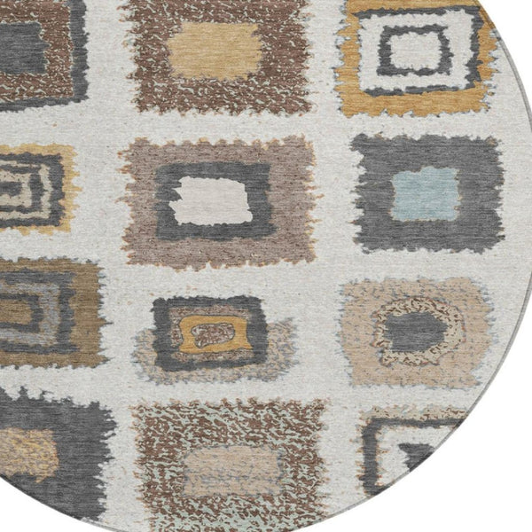 HomeRoots 5' Modern Geometric Indoor Outdoor Area Rug in Ivory Charcoal and Gold - Washable & Durable Design 8' Round 629096